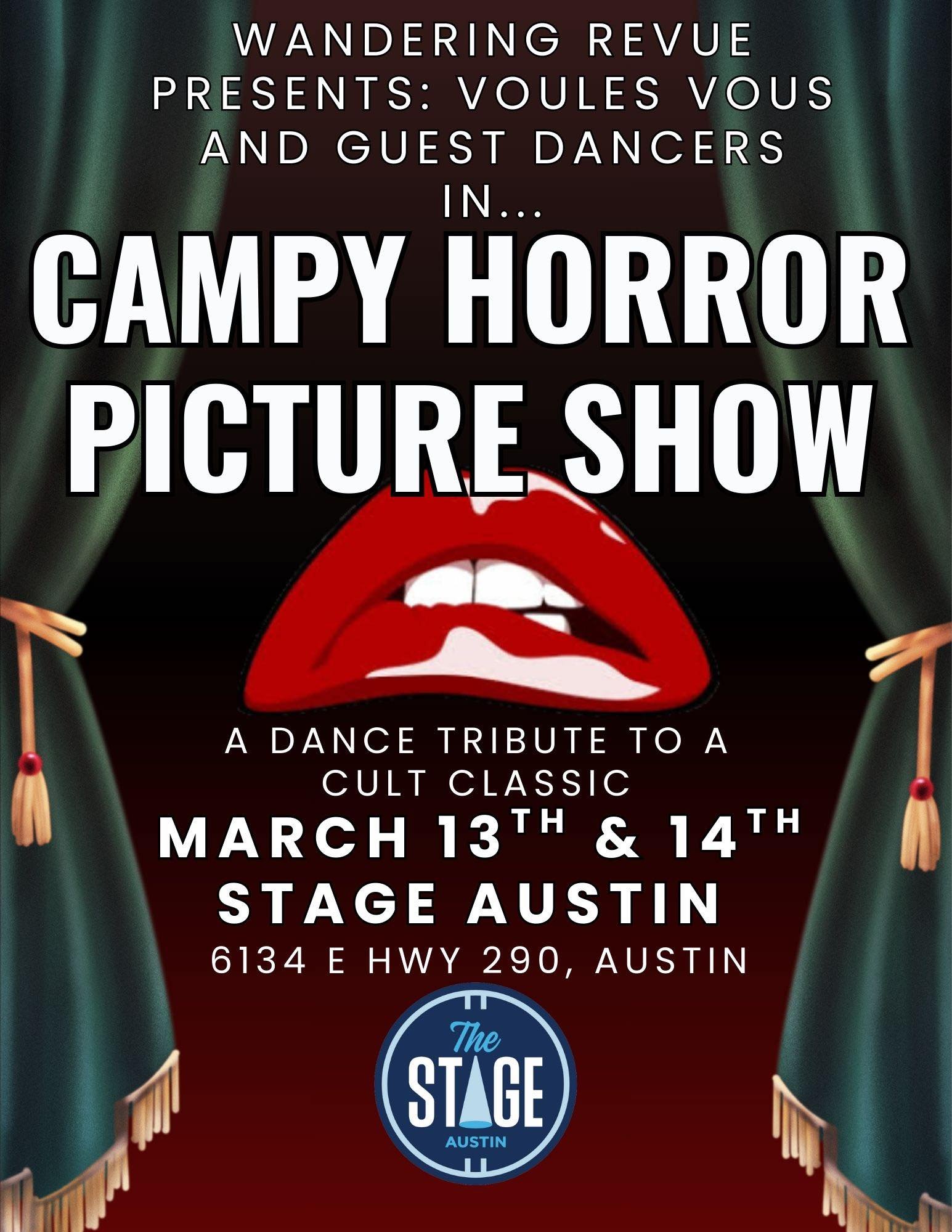 Event Poster for The Wandering Revue's Campy Horror Picture Show Austin Burlesque Show